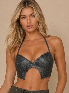 I AM GIA Halter Corset Crop Top XS Alana Gray Faux Leather Y2K Festival Corset